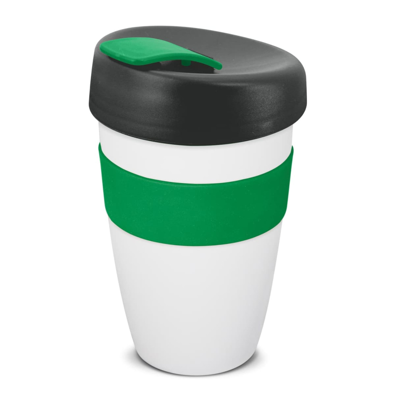 A drink bottle with a white body, green band, and a black lid. It features a logo on the side.