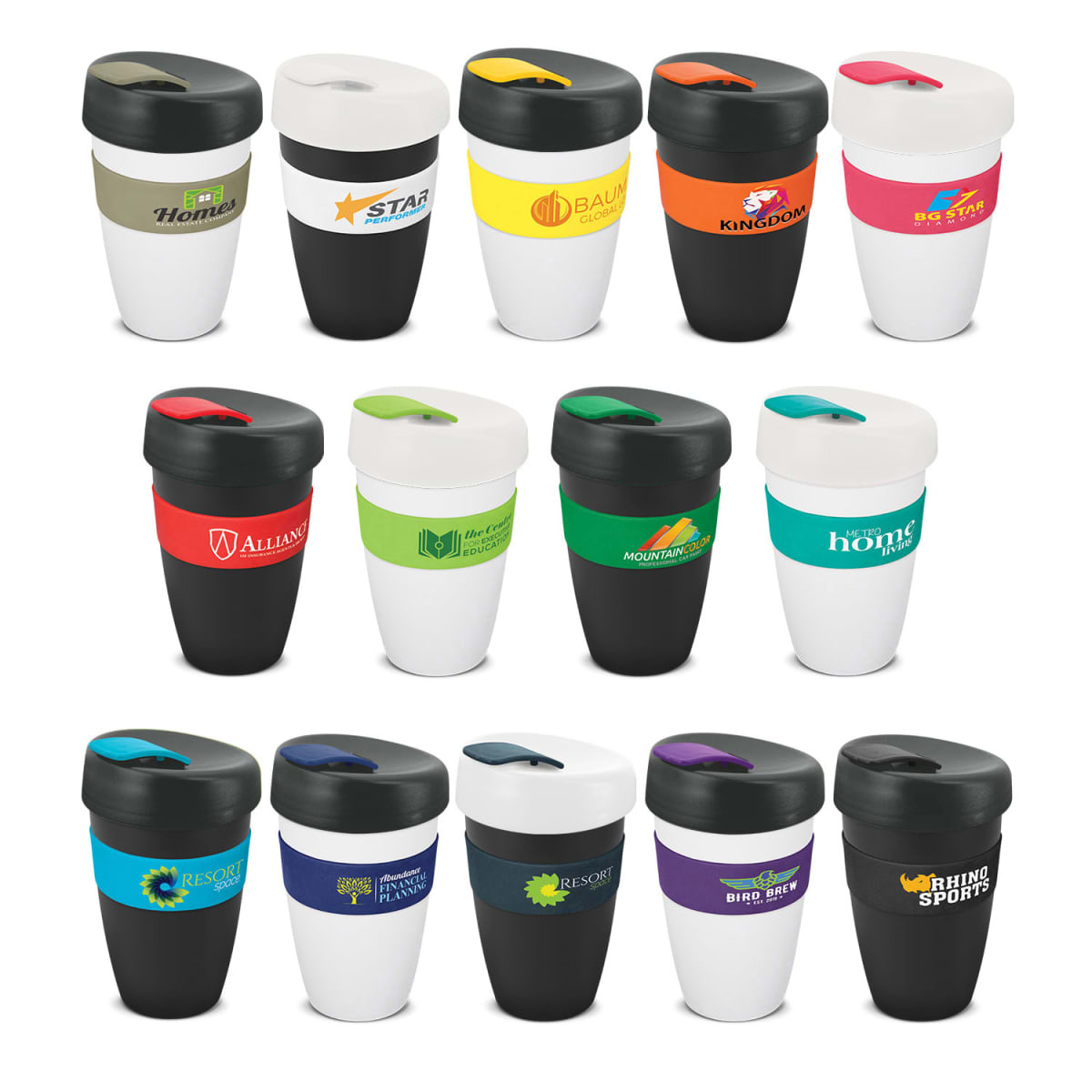 A selection of reusable coffee cups in various colours, featuring different designs and logos. Each cup has a secure lid.