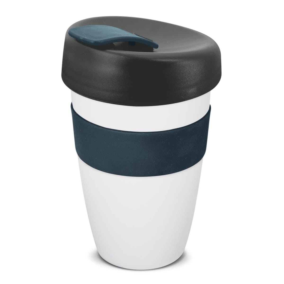 A drink bottle featuring a white body, dark blue silicone band, and a black lid. It has a logo on the side.