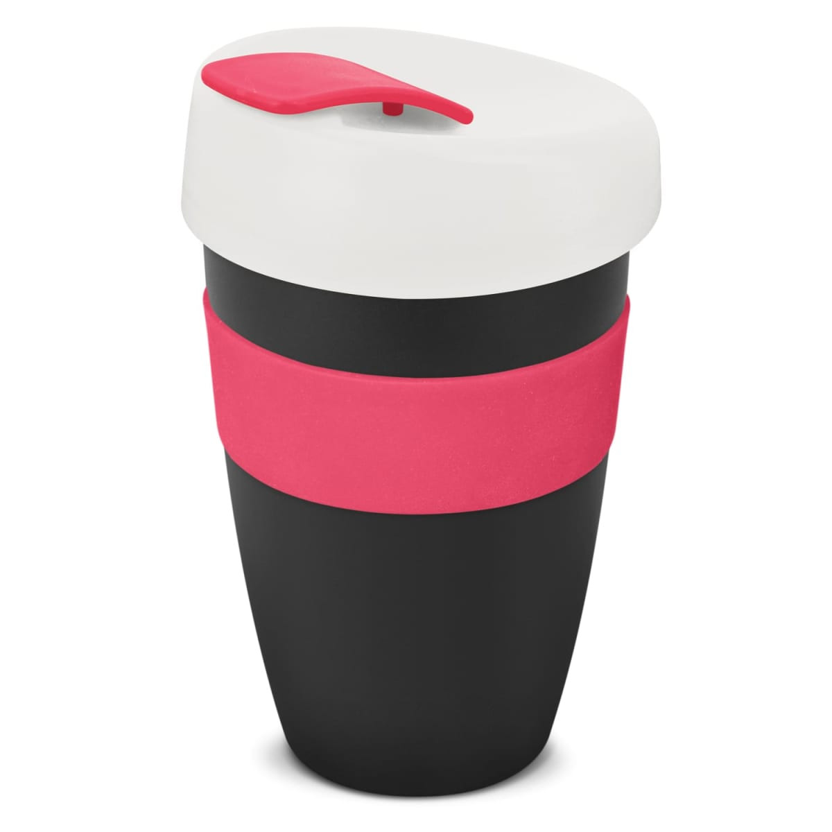 A drink bottle featuring a black body with a pink band and a white lid, equipped with a logo.