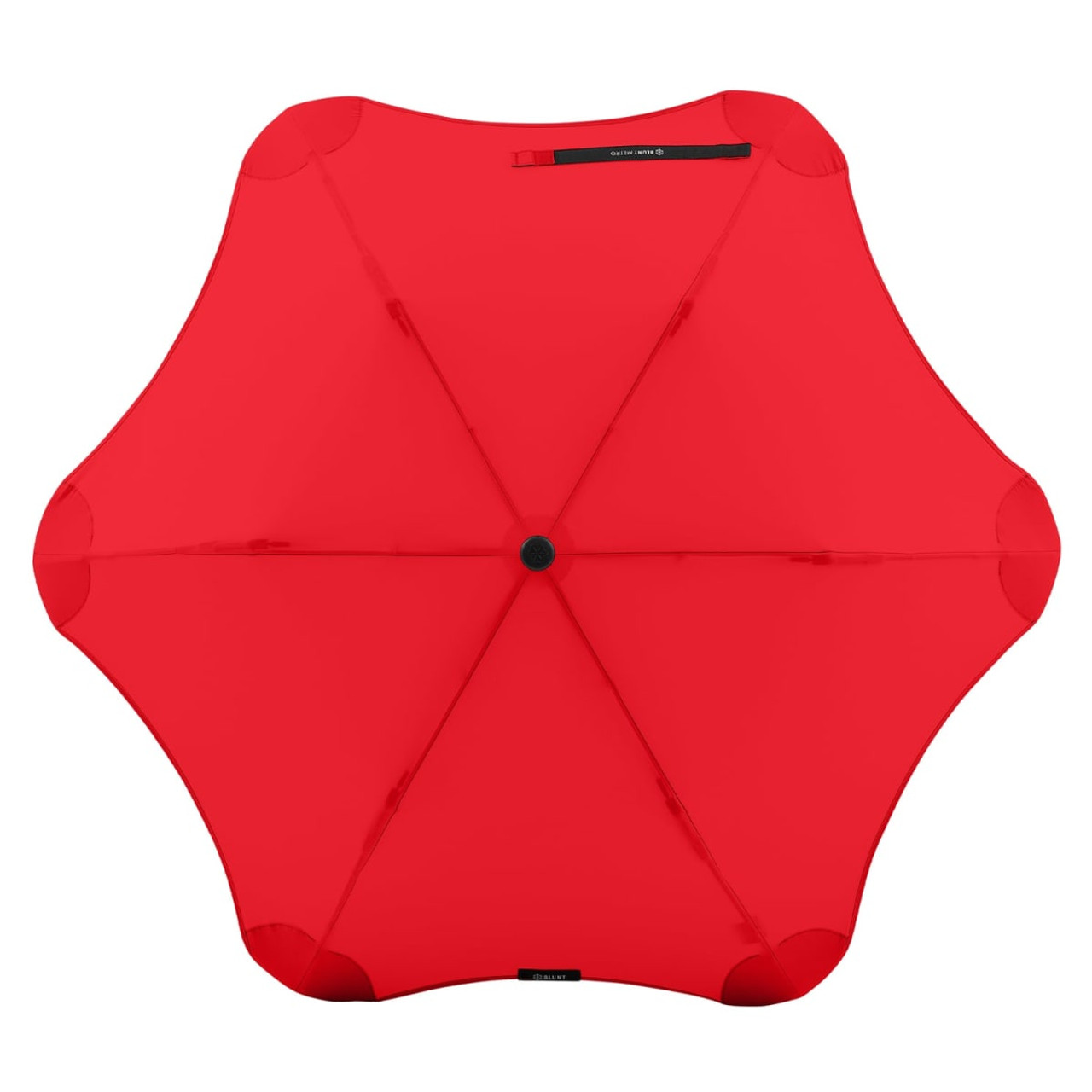A red BLUNT Metro Umbrella with a unique design and a central button, featuring a logo on it.