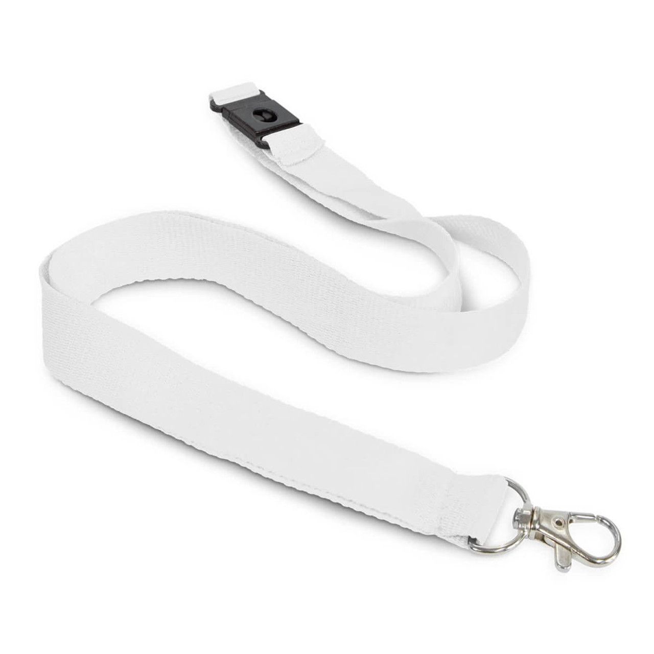 A white cotton lanyard featuring a metal clip and a safety breakaway buckle. It has a smooth, flat design.
