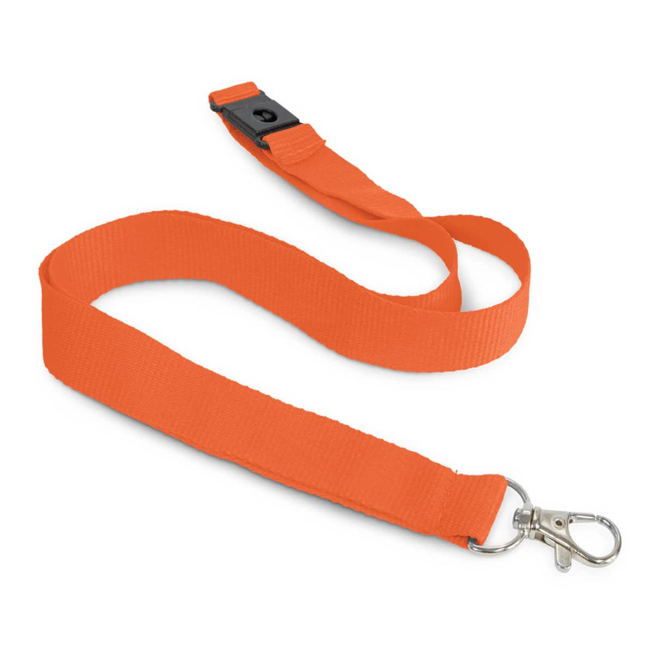 An orange cotton lanyard with a clip attachment and a breakaway safety feature. It has a simple design.