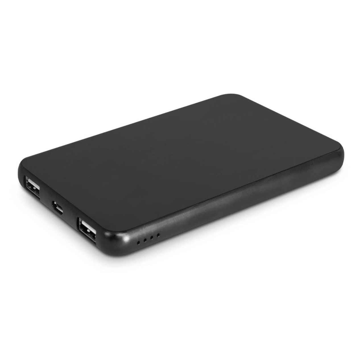 A black power bank with multiple charging ports and a sleek, flat design. It features a logo on the surface. A black power bank with multiple charging ports and a sleek, flat design. It features a logo on the surface.