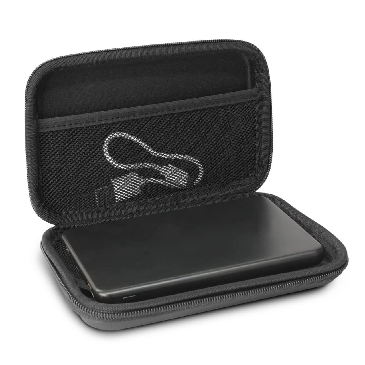 A black power bank inside an open zippered case, featuring a mesh pocket with a charging cable. A black power bank inside an open zippered case, featuring a mesh pocket with a charging cable.