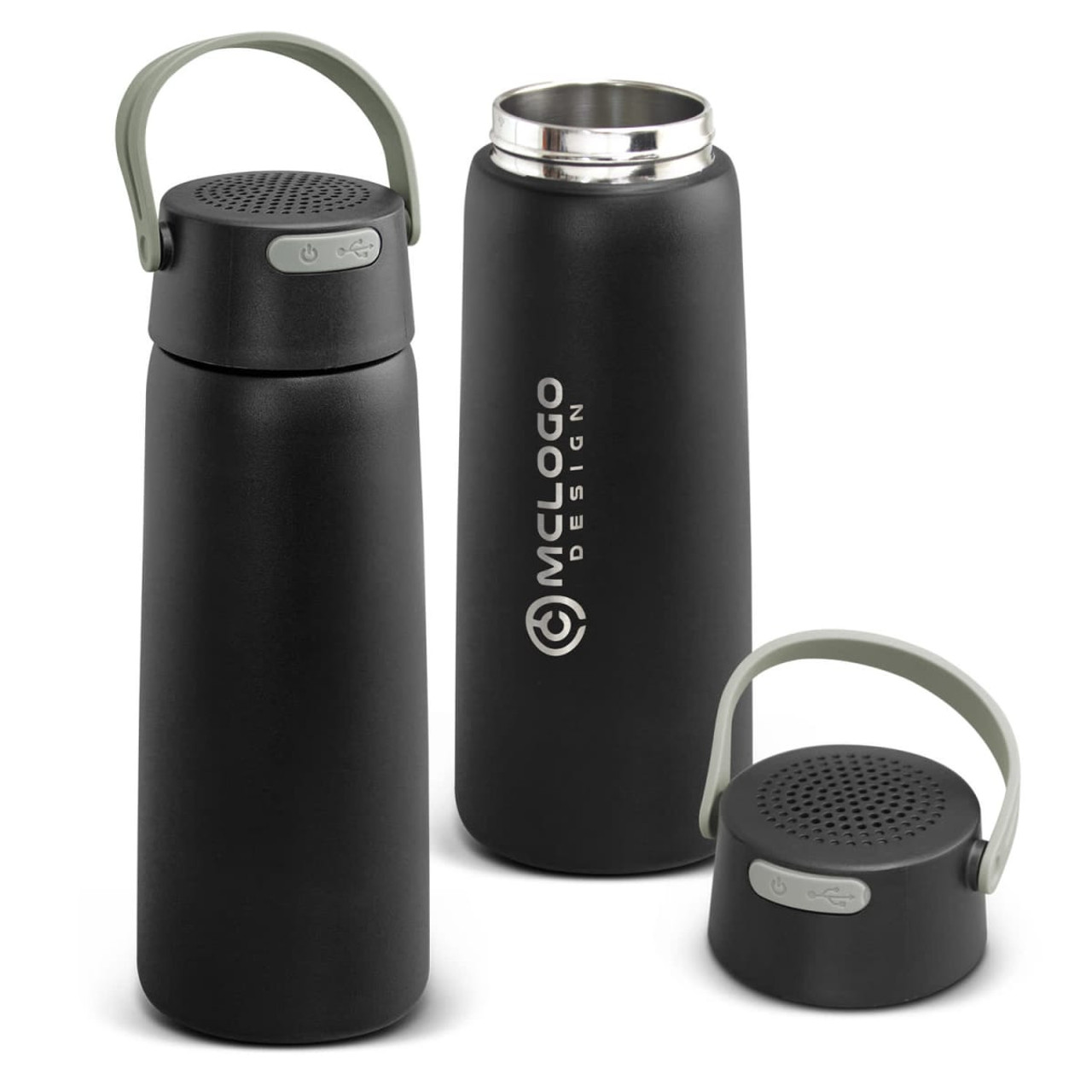 A drink bottle in matte black with a speaker top and a handle, featuring a logo. Includes a stainless steel section.