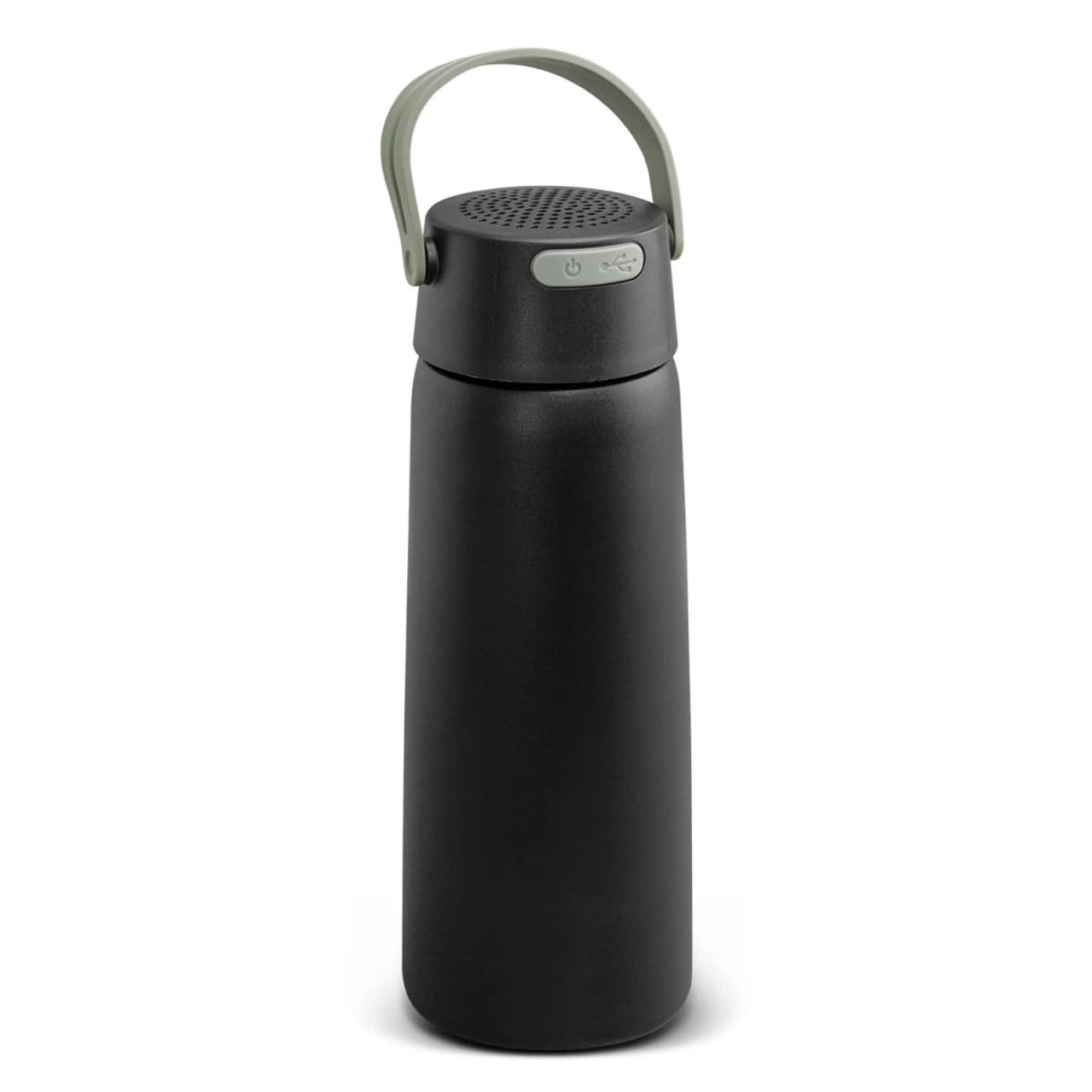 A drink bottle in black with a green handle, featuring a built-in Bluetooth speaker and a logo on the body.