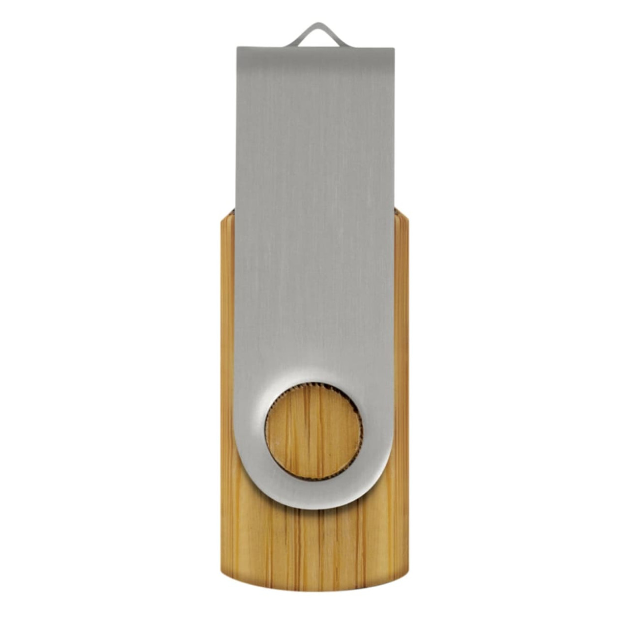 A bamboo and metal flash drive with a sleek design and a circular opening, featuring a branding logo. A bamboo and metal flash drive with a sleek design and a circular opening, featuring a branding logo.