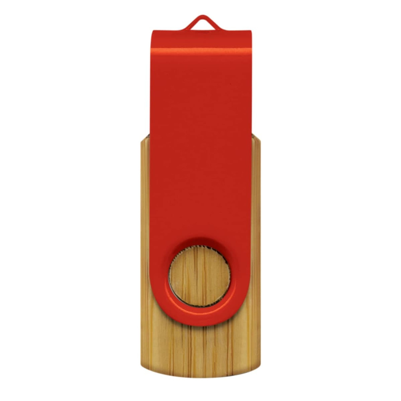 A bamboo flash drive with a red metal cap and a circular attachment hole. It features a logo on the surface. A bamboo flash drive with a red metal cap and a circular attachment hole. It features a logo on the surface.