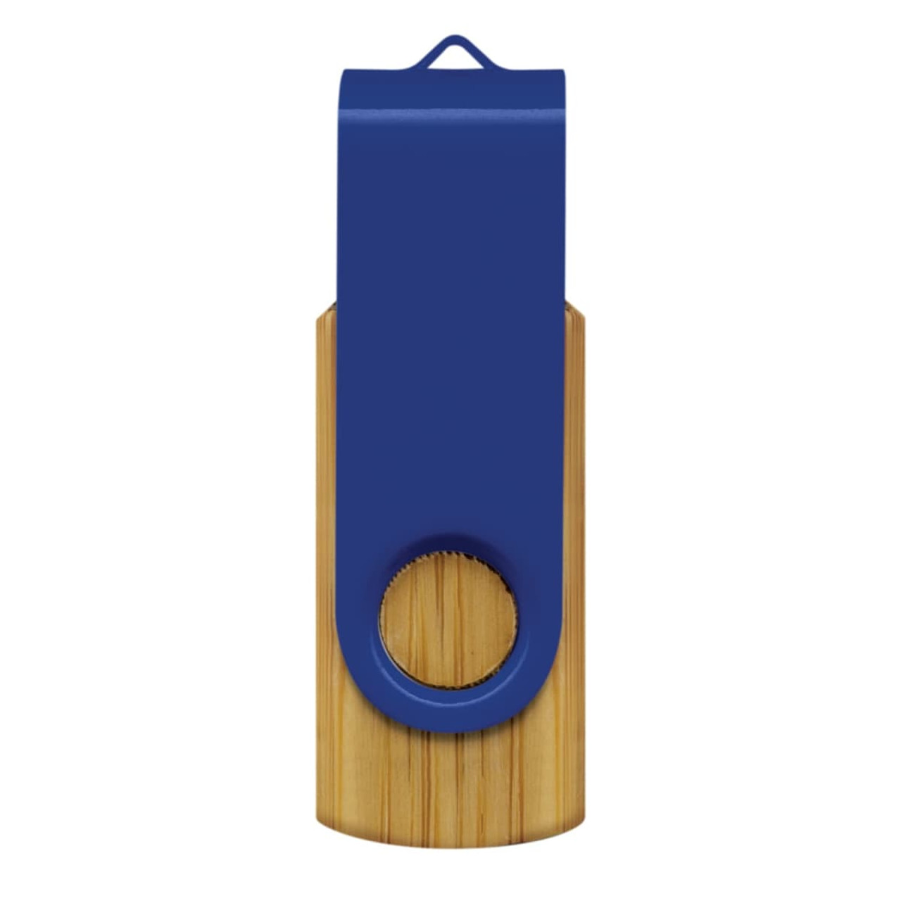 A bamboo flash drive with a blue metallic top and a circular hole for attachment. A bamboo flash drive with a blue metallic top and a circular hole for attachment.