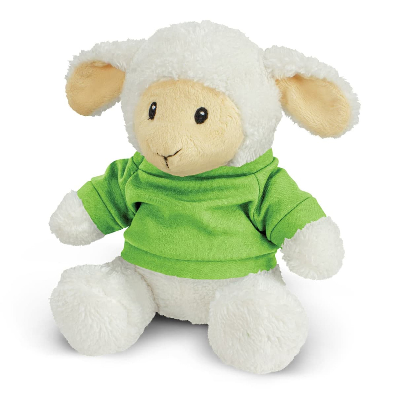 A fluffy white lamb plush toy wearing a green sweater. It has soft ears and a friendly expression.