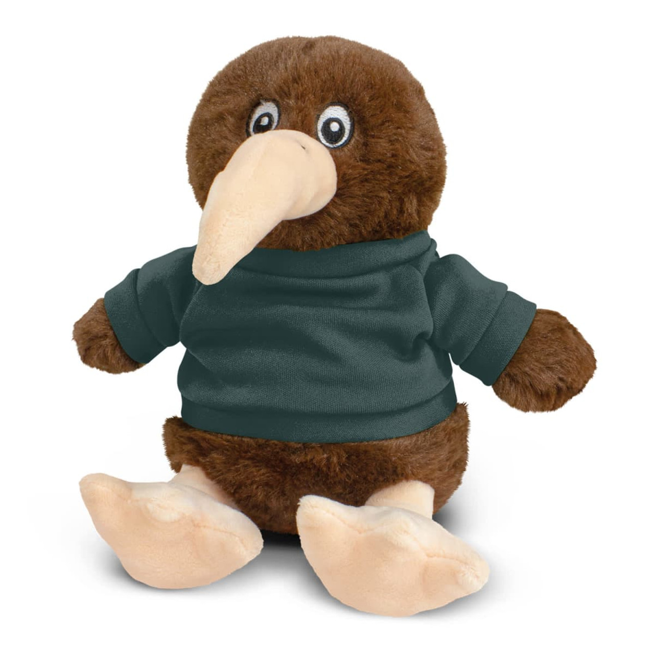 A brown kiwi plush toy wearing a dark green shirt, featuring large feet and a beak, with big eyes.