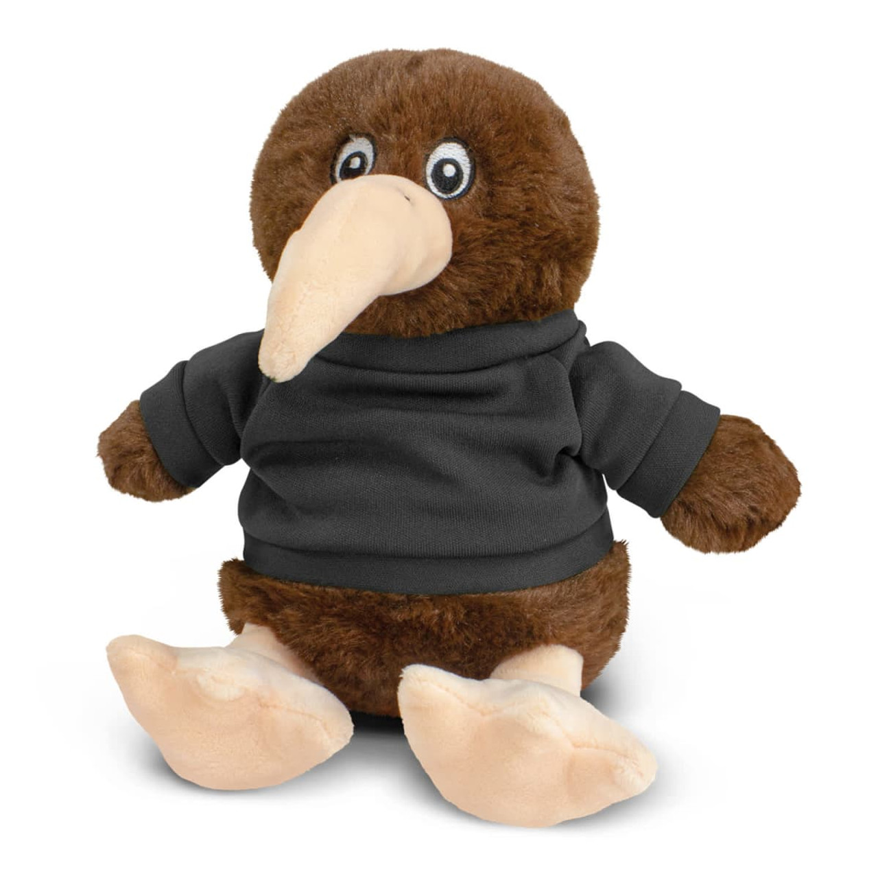 A brown kiwi plush toy wearing a black shirt, featuring a round body and large feet. It has a beak and eyes.