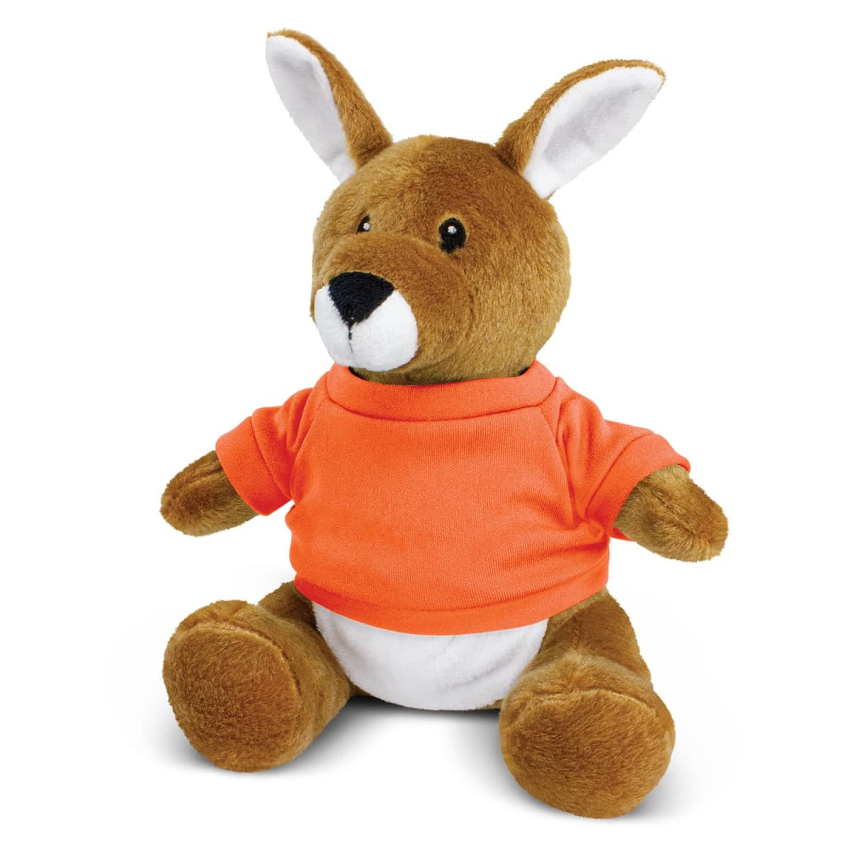 A plush kangaroo toy with brown fur, wearing an orange shirt, featuring white belly and ears. It has a logo on the shirt.