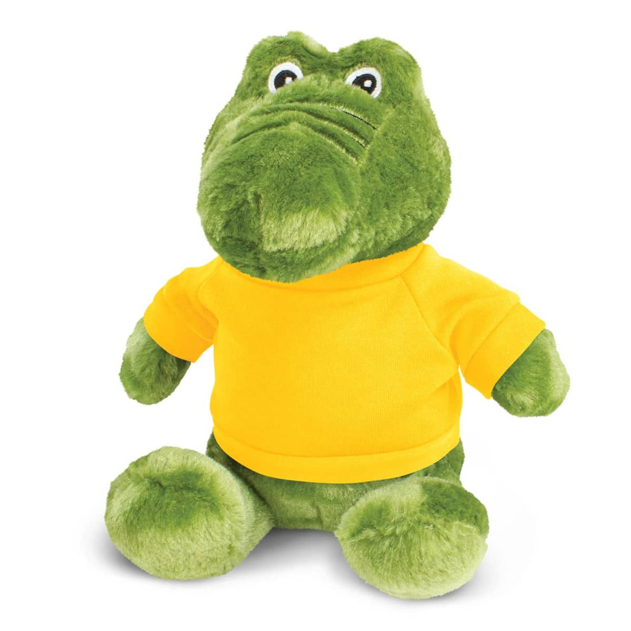 A green crocodile plush toy wearing a yellow shirt, with round eyes and a soft, cuddly appearance.