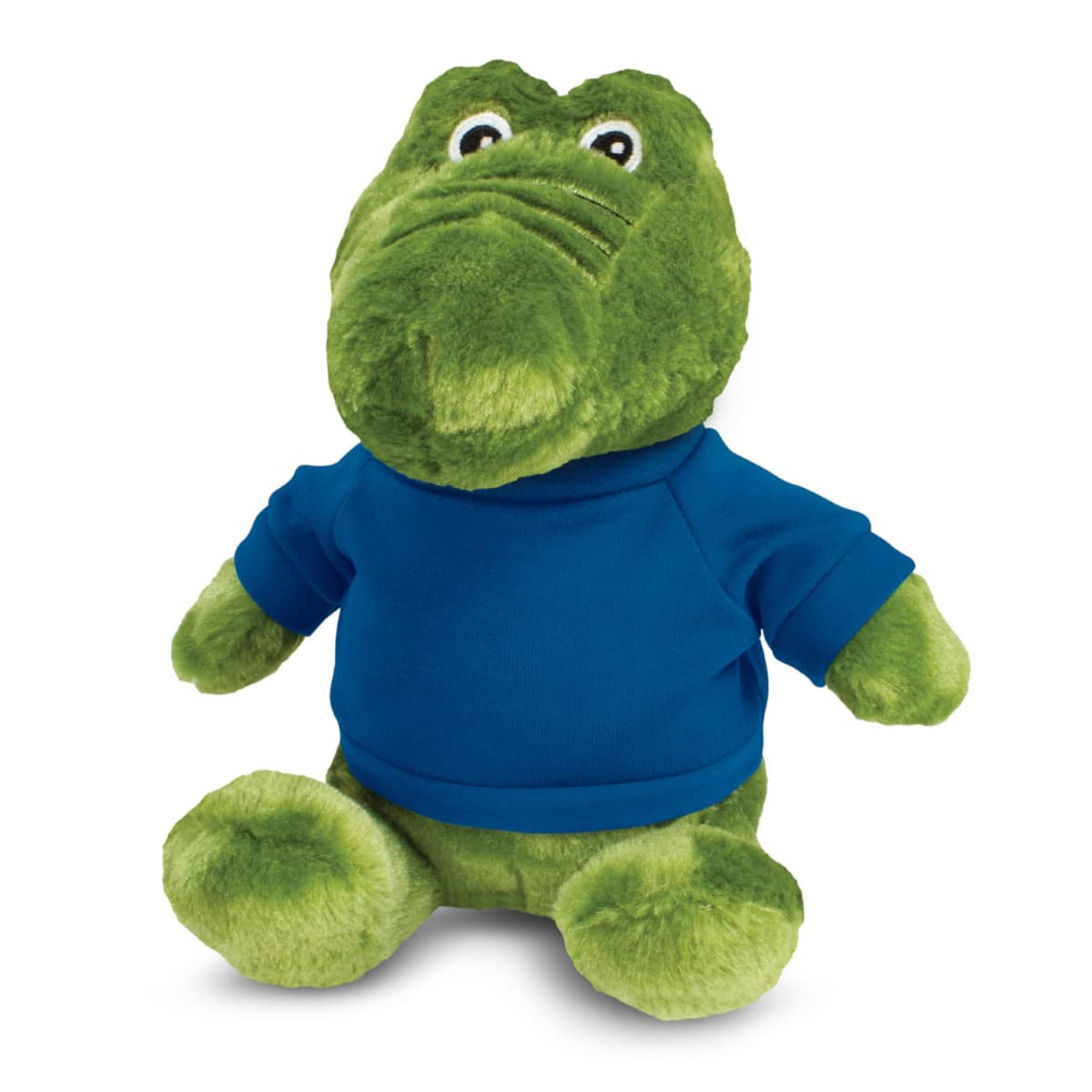A green crocodile plush toy wearing a blue shirt, with large eyes and a friendly expression.