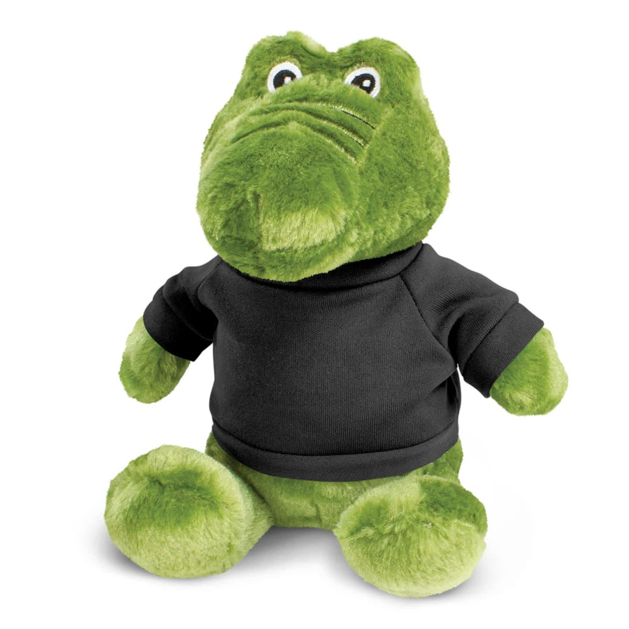 A green crocodile plush toy wearing a black shirt, featuring large eyes and a textured body.