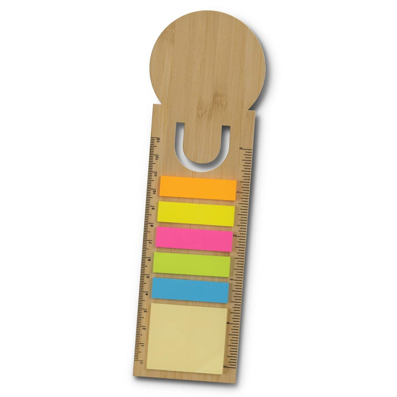 A bamboo ruler bookmark featuring a round top and multiple brightly coloured sticky note sections. A bamboo ruler bookmark featuring a round top and multiple brightly coloured sticky note sections.