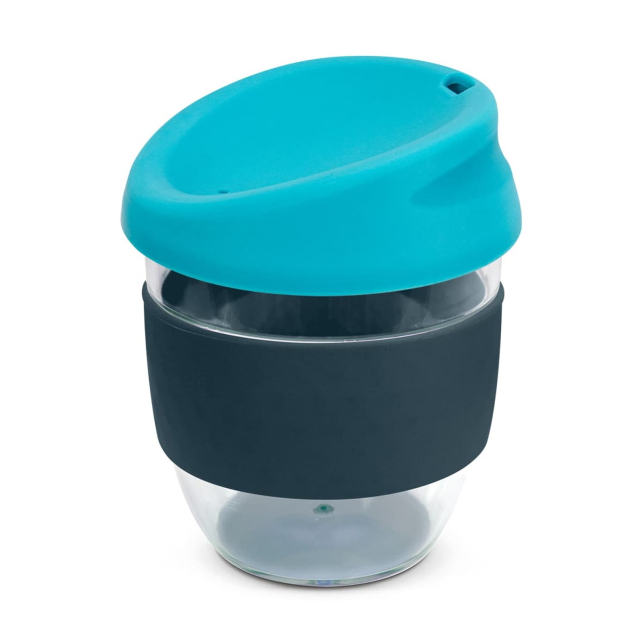 A drink bottle with a transparent body, teal lid, and black silicone sleeve. It features a brand logo.