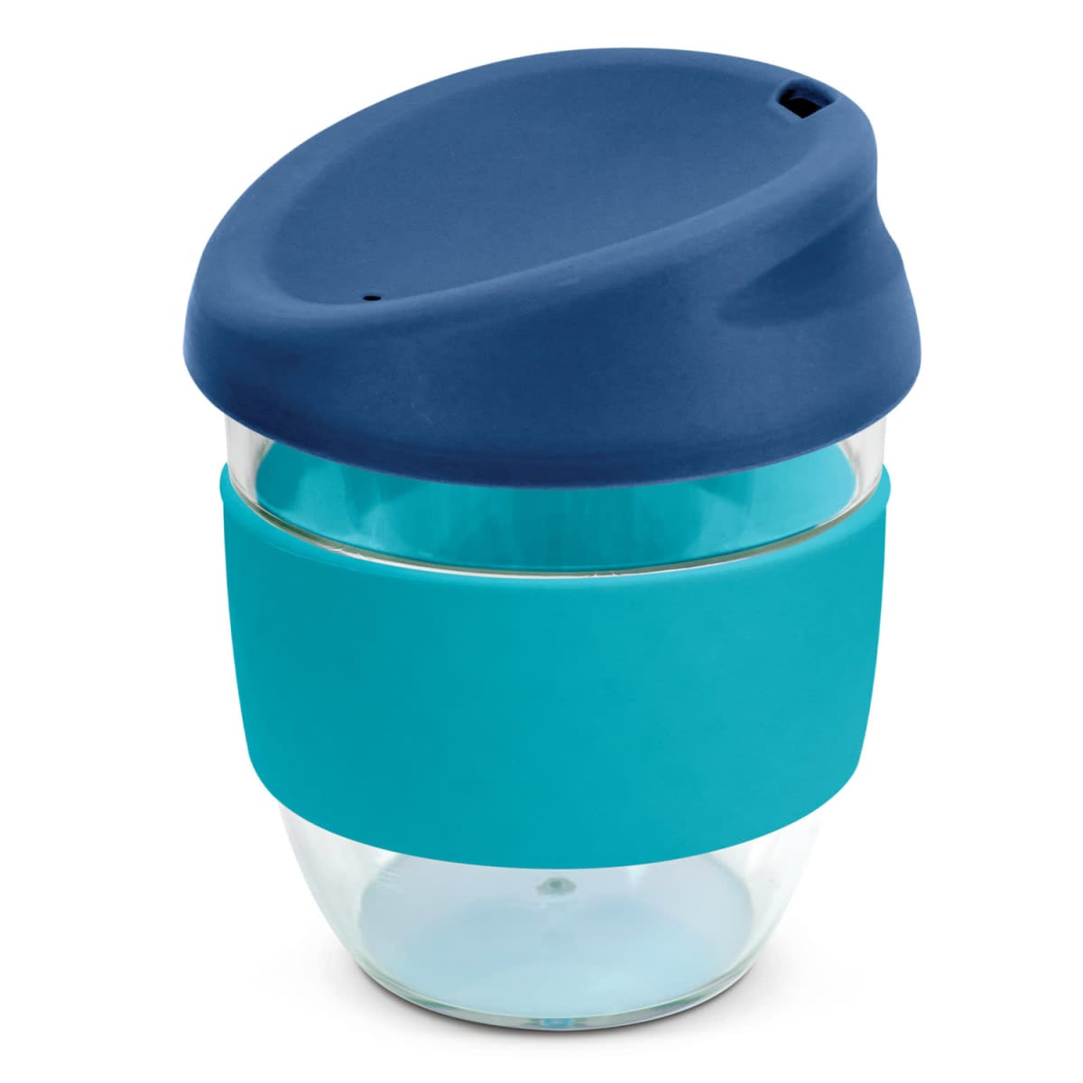 A drink bottle featuring a clear glass body, teal silicone sleeve, and a blue lid. It has a branding logo.