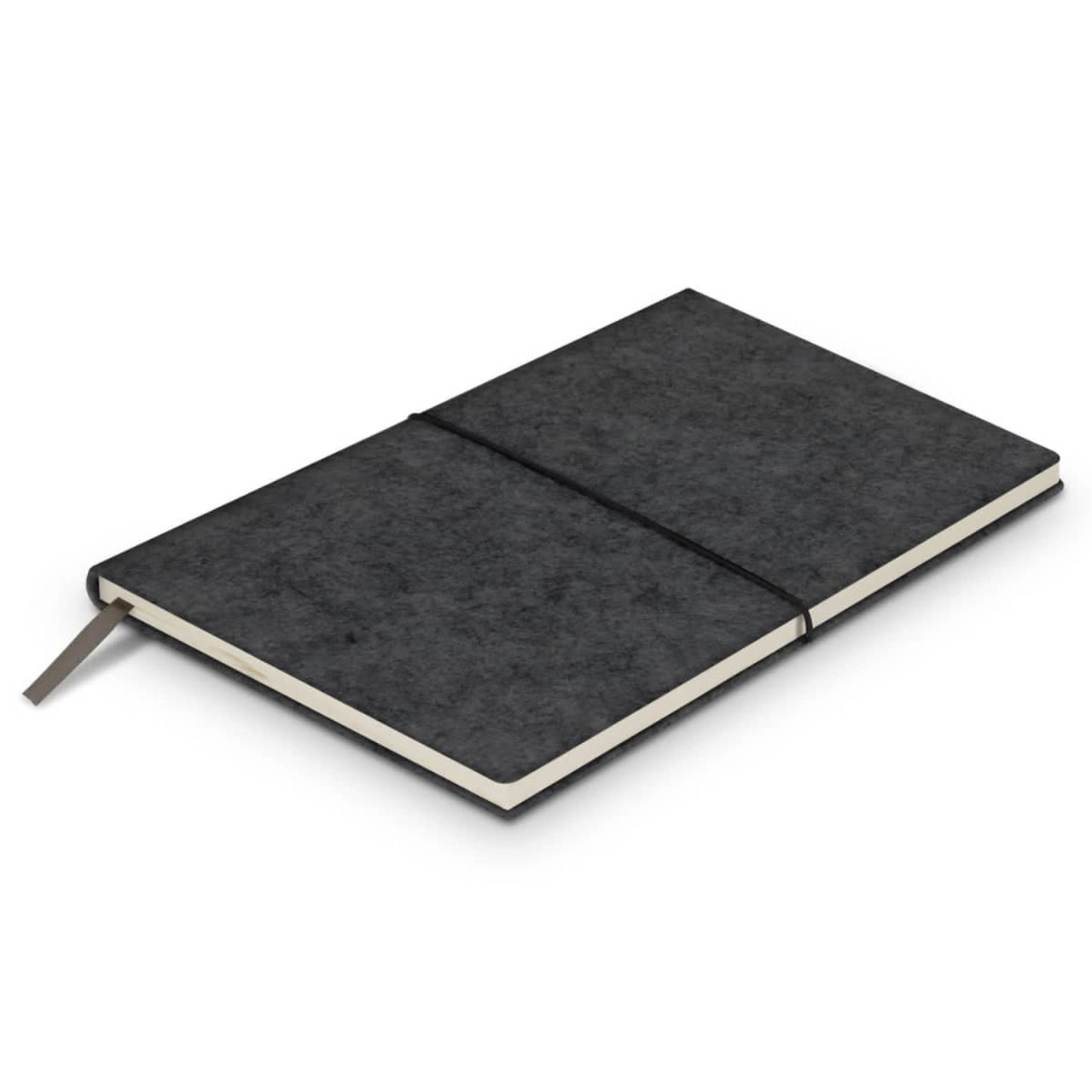 A grey RPET felt soft cover notebook with an elastic band and a ribbon bookmark, featuring a logo. A grey RPET felt soft cover notebook with an elastic band and a ribbon bookmark, featuring a logo.
