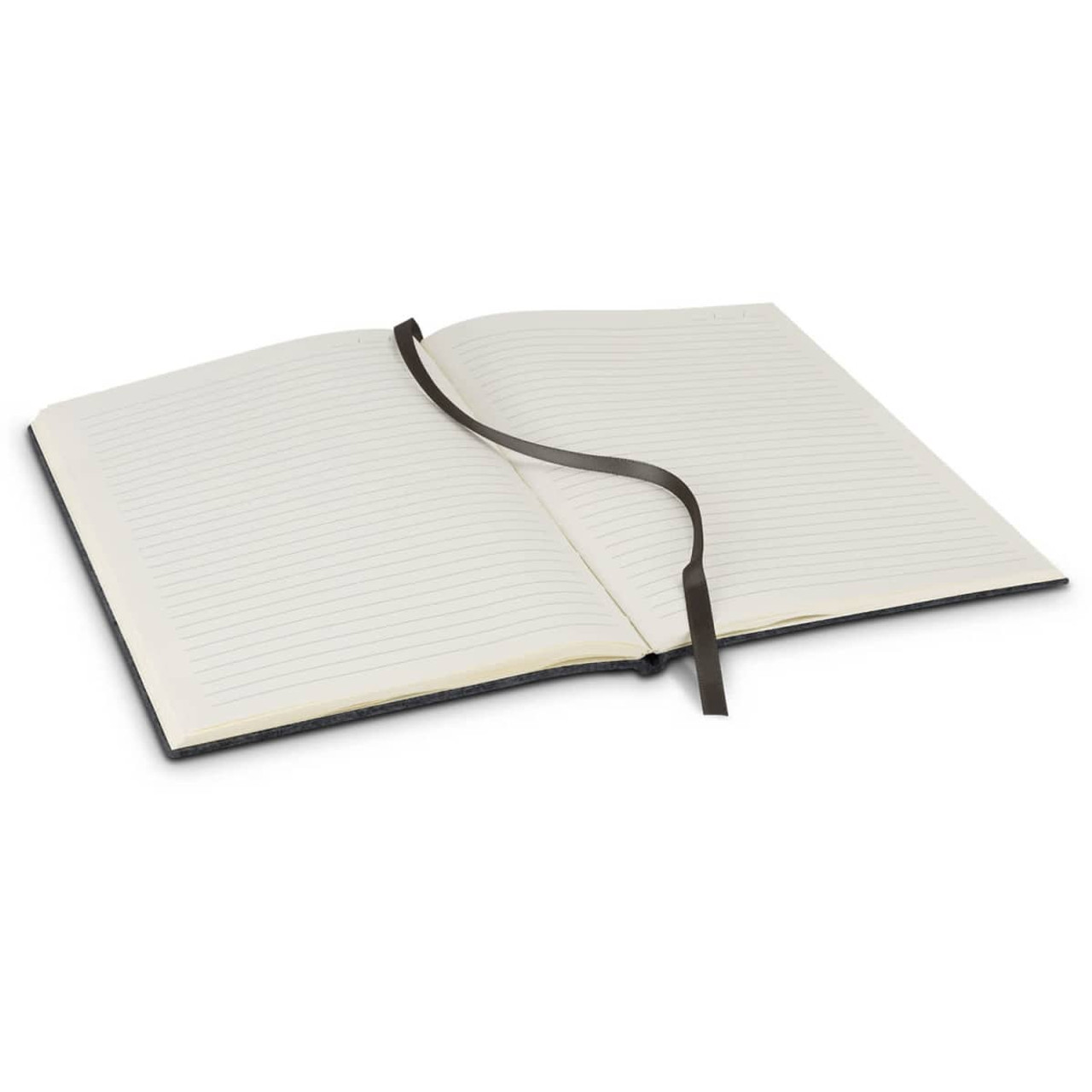 An open RPET felt soft cover notebook with lined pages and a ribbon bookmark, featuring a grey cover. An open RPET felt soft cover notebook with lined pages and a ribbon bookmark, featuring a grey cover.