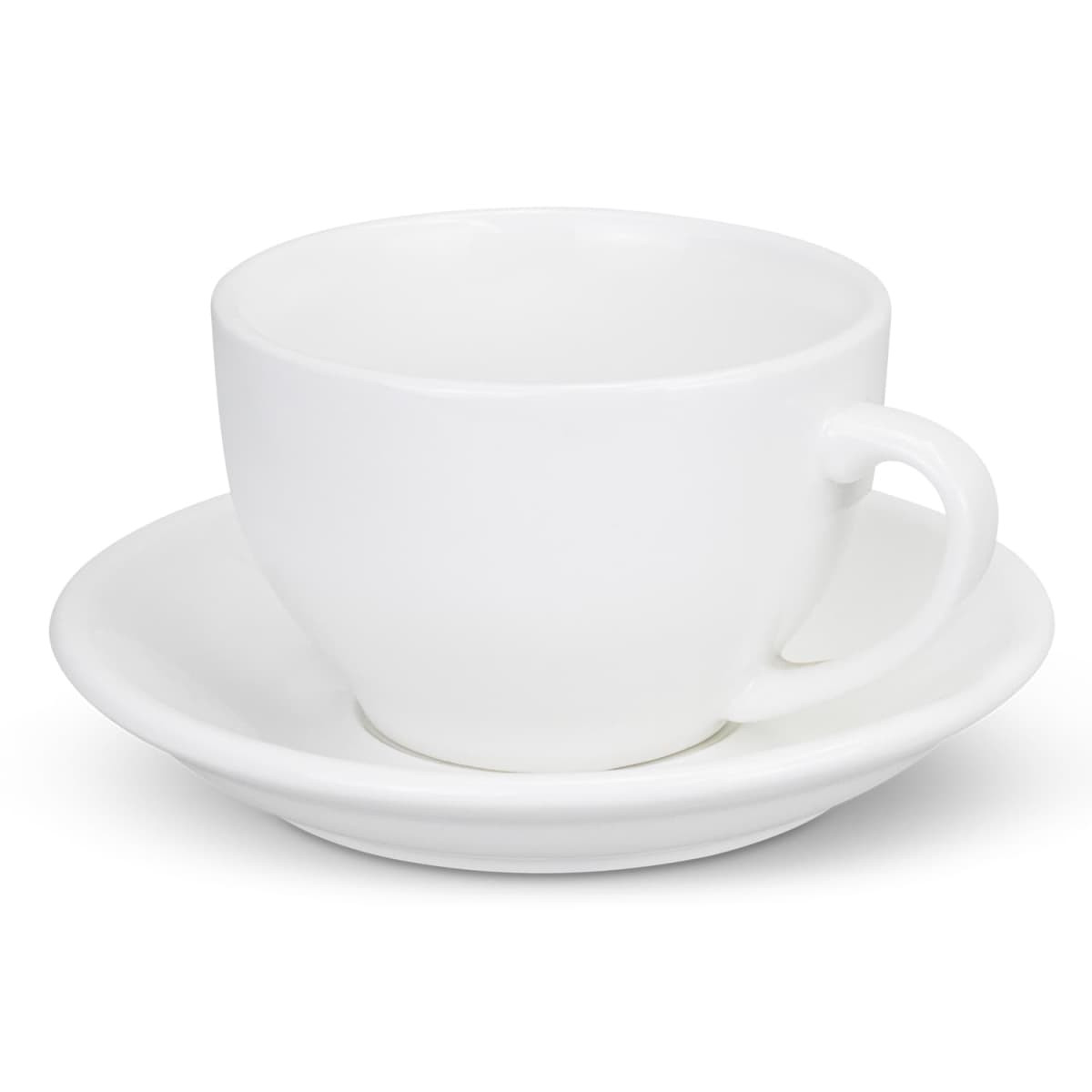 A white cup and saucer set with a simple design. The cup has a handle and rests on the matching saucer.