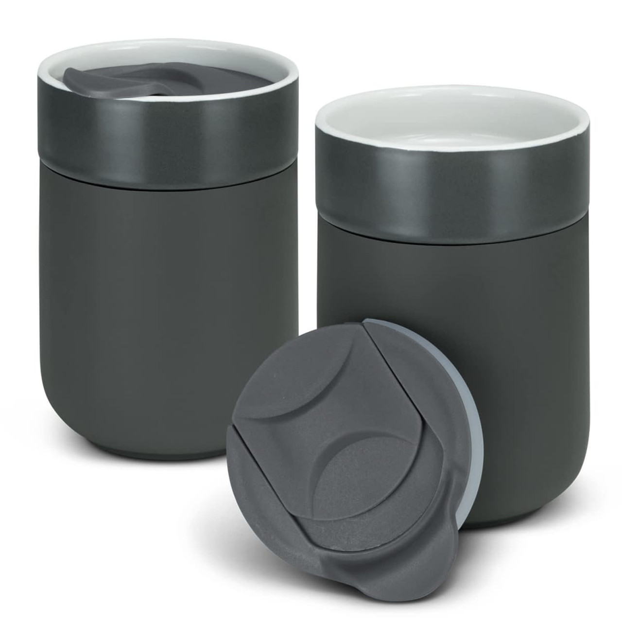 A ceramic coffee cup set in dark green, featuring a sleek design and one lid. Has a logo on the surface.