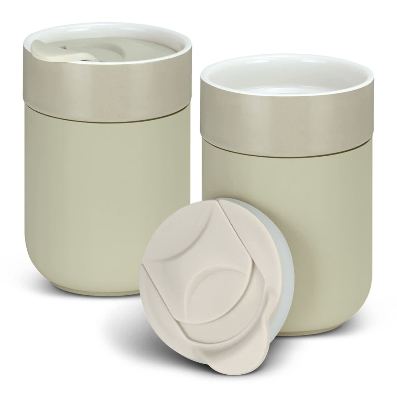 Two light beige ceramic coffee cups with lids, featuring a logo on the surface.