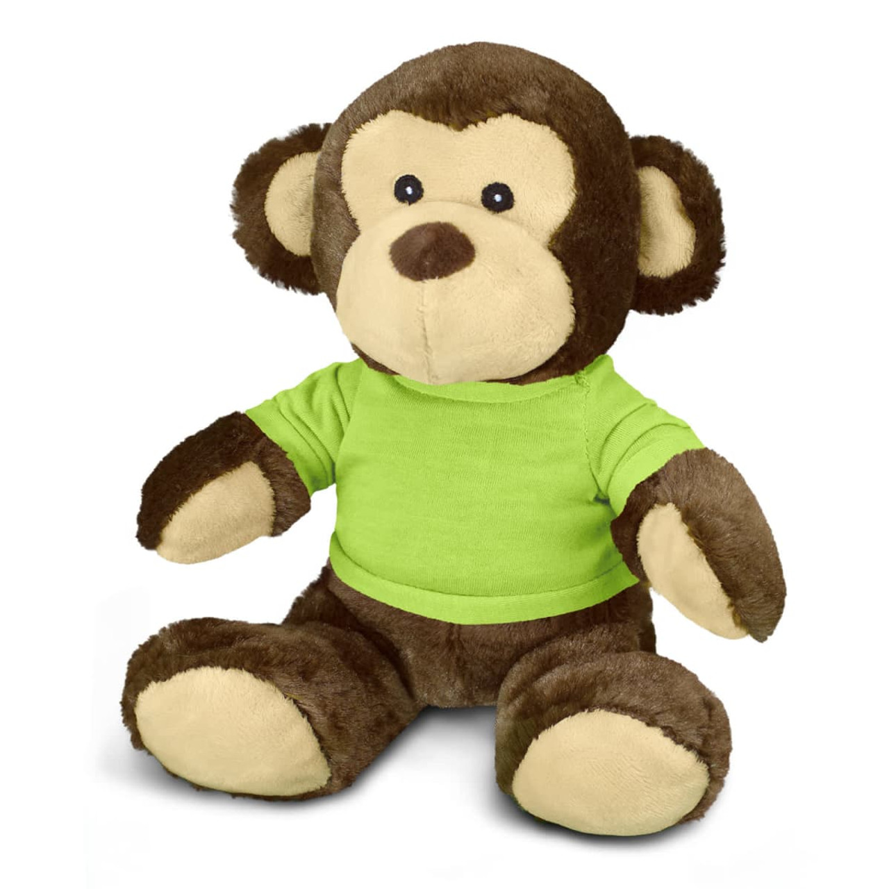 A brown monkey plush toy wearing a green shirt, featuring a friendly face and soft, cuddly texture.