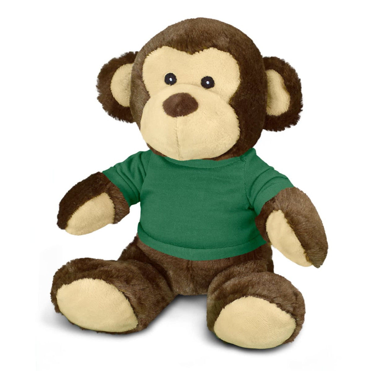 A brown monkey plush toy wearing a green shirt, featuring soft fur and a friendly expression.