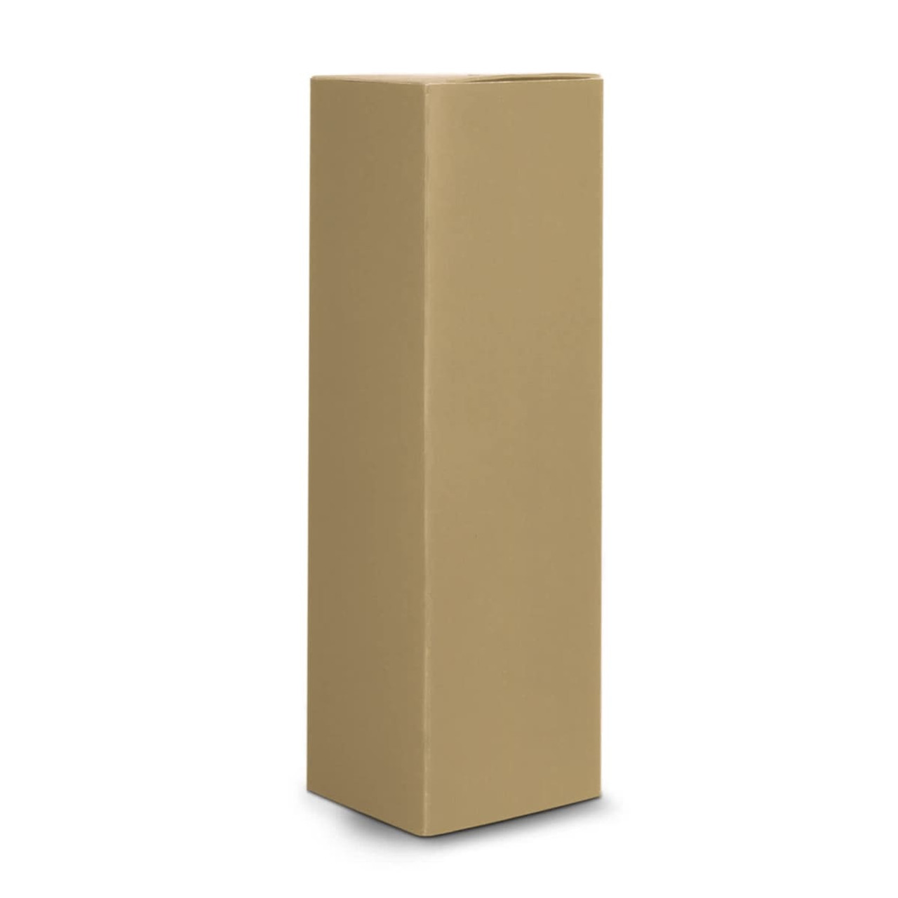 A tall, brown cylindrical product packaging with a plain design, featuring a logo.