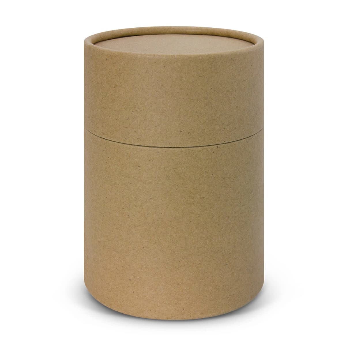 A cylindrical cardboard packaging in a brown kraft colour, featuring a removable lid.