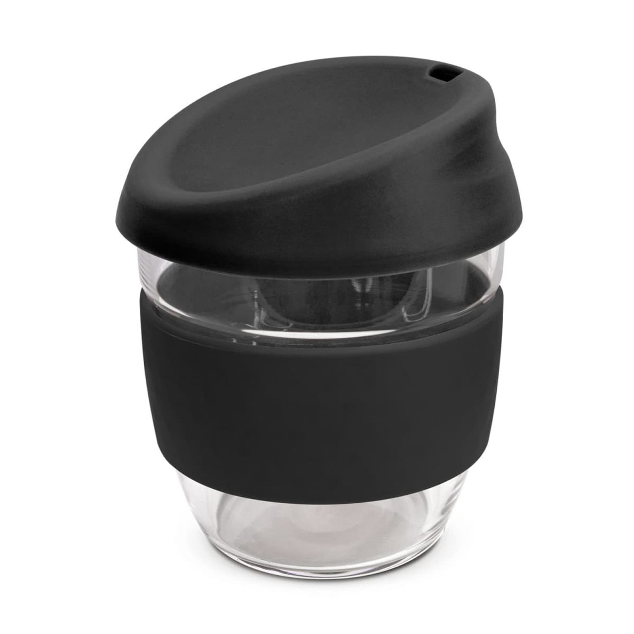 A drink bottle made of clear borosilicate glass with a black silicone lid and sleeve, featuring a branding logo.
