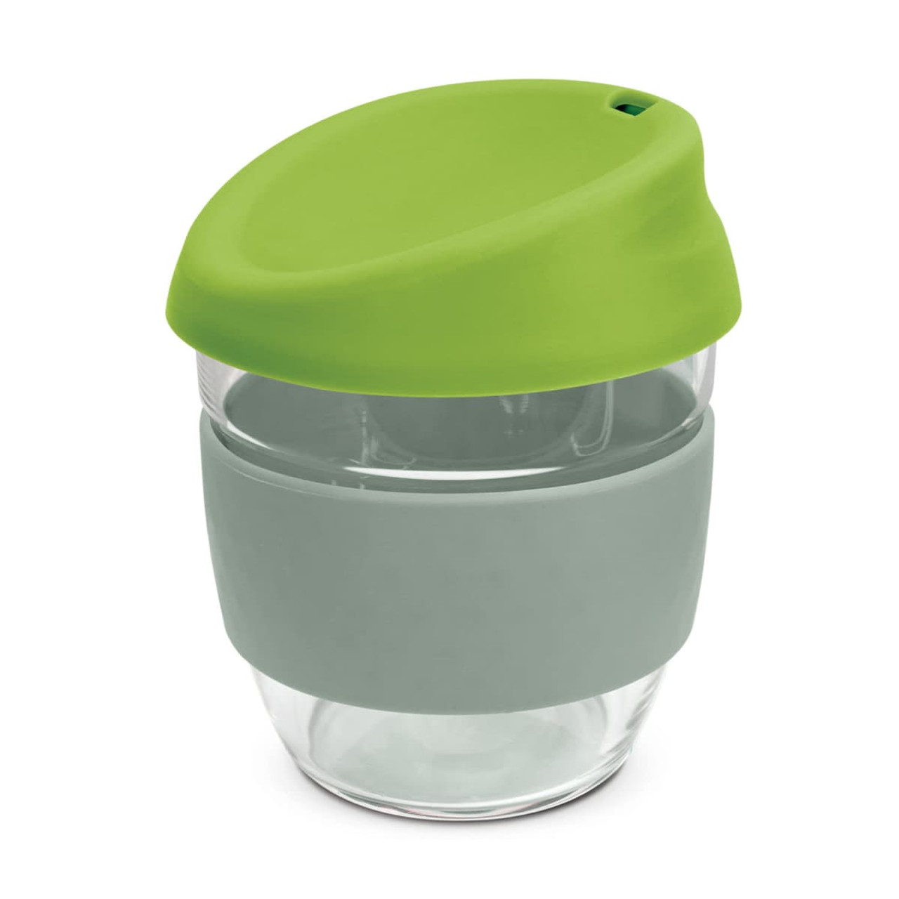 A drink bottle featuring a clear borosilicate glass body with a green lid and grey silicone sleeve.