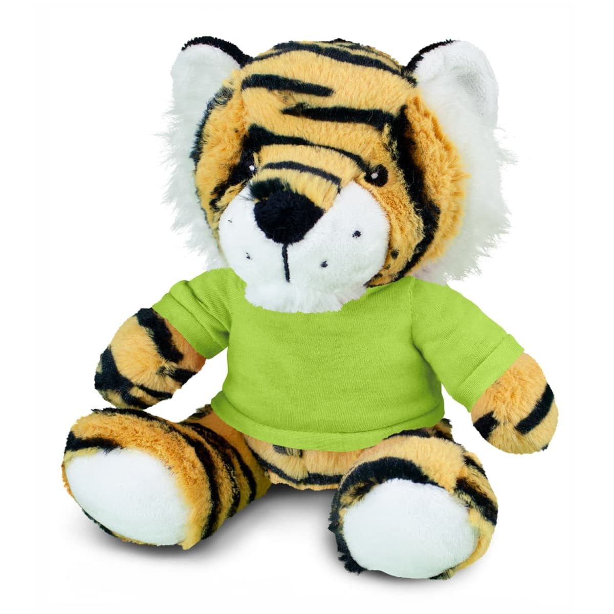 A plush tiger toy with orange and black stripes, wearing a green shirt and featuring a friendly expression.