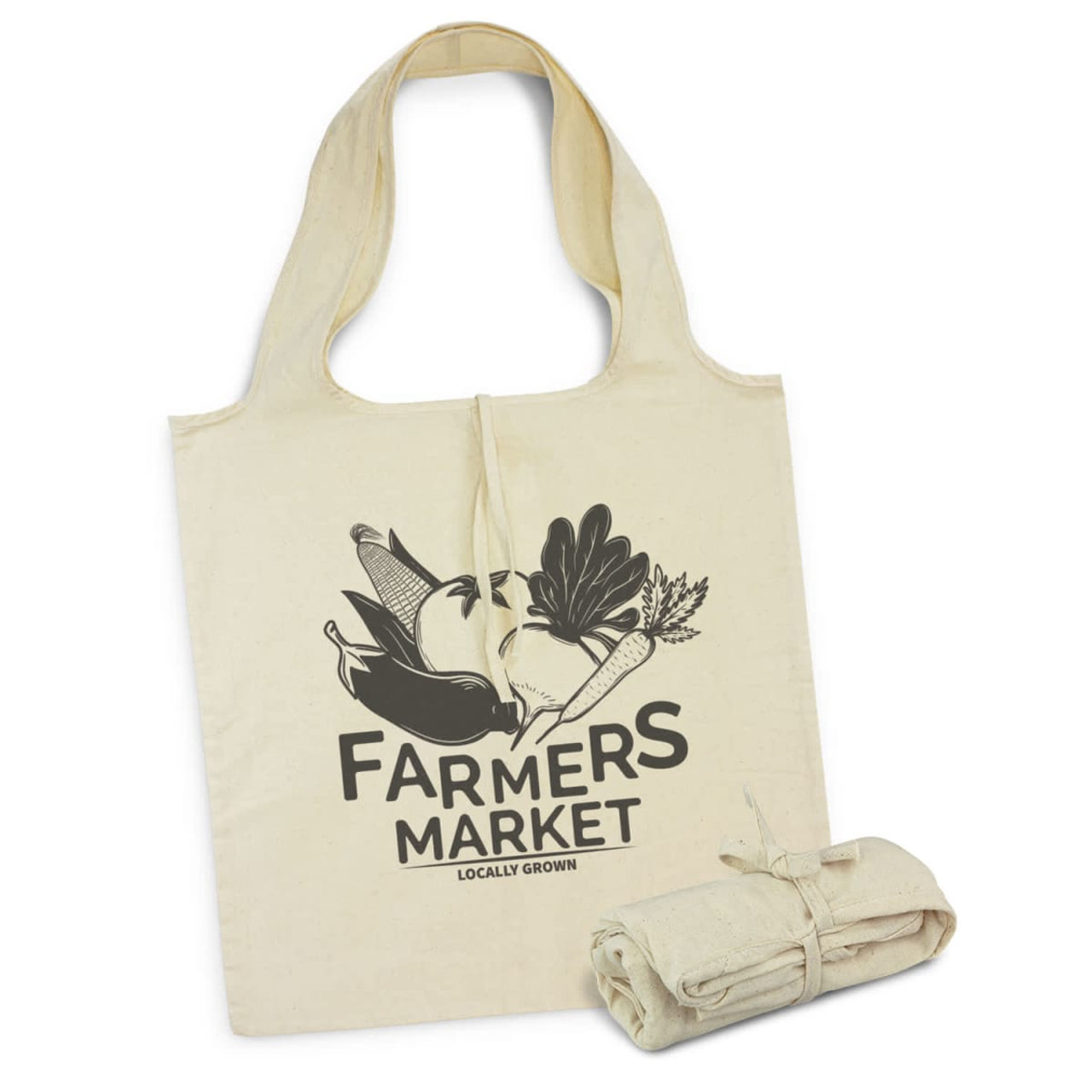 A cream foldaway tote bag with a logo design and matching fabric tie. It features illustrations of vegetables.