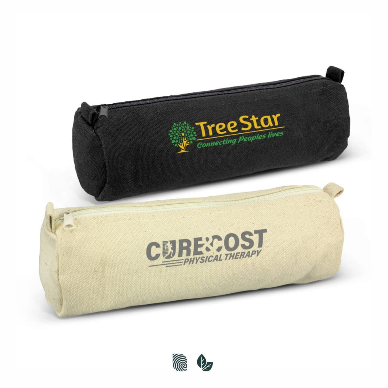 A black and a cream pencil case, each featuring a logo, with zip closures.