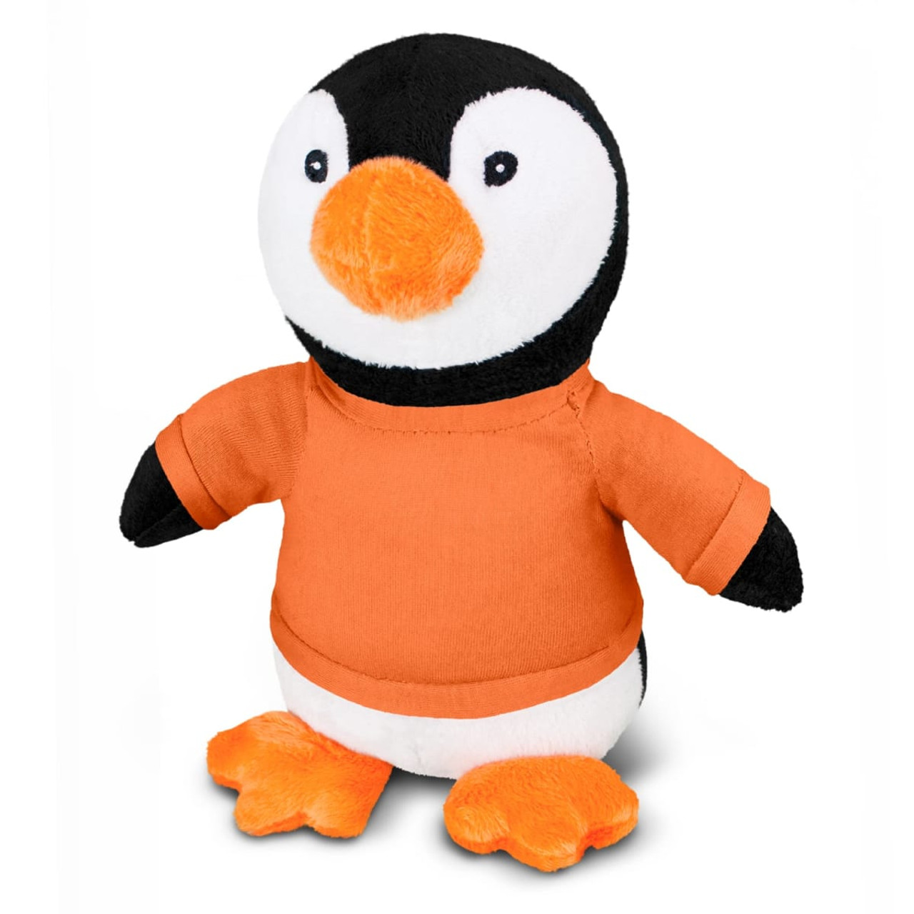 A penguin plush toy with a black and white body, orange beak, and orange t-shirt. It has a friendly expression.
