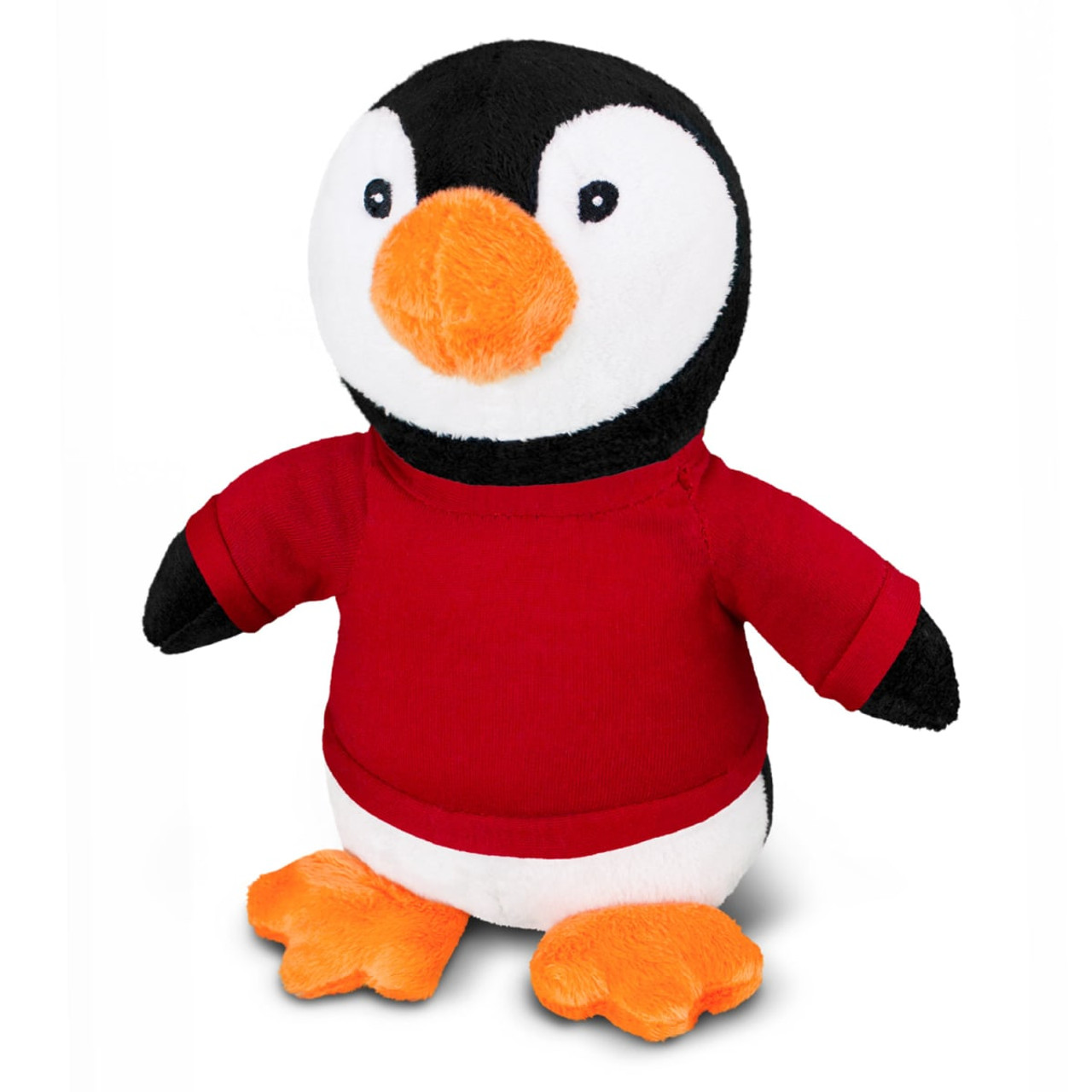 A plush penguin toy with a black and white body, orange beak and feet, wearing a red shirt. It has a logo on the shirt.