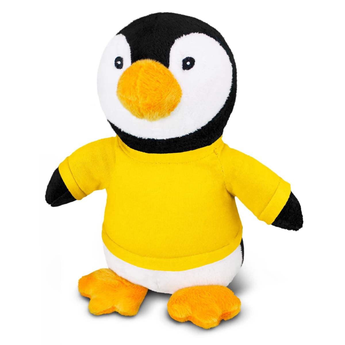A plush toy penguin with a black and white body, orange beak and feet, wearing a yellow shirt.