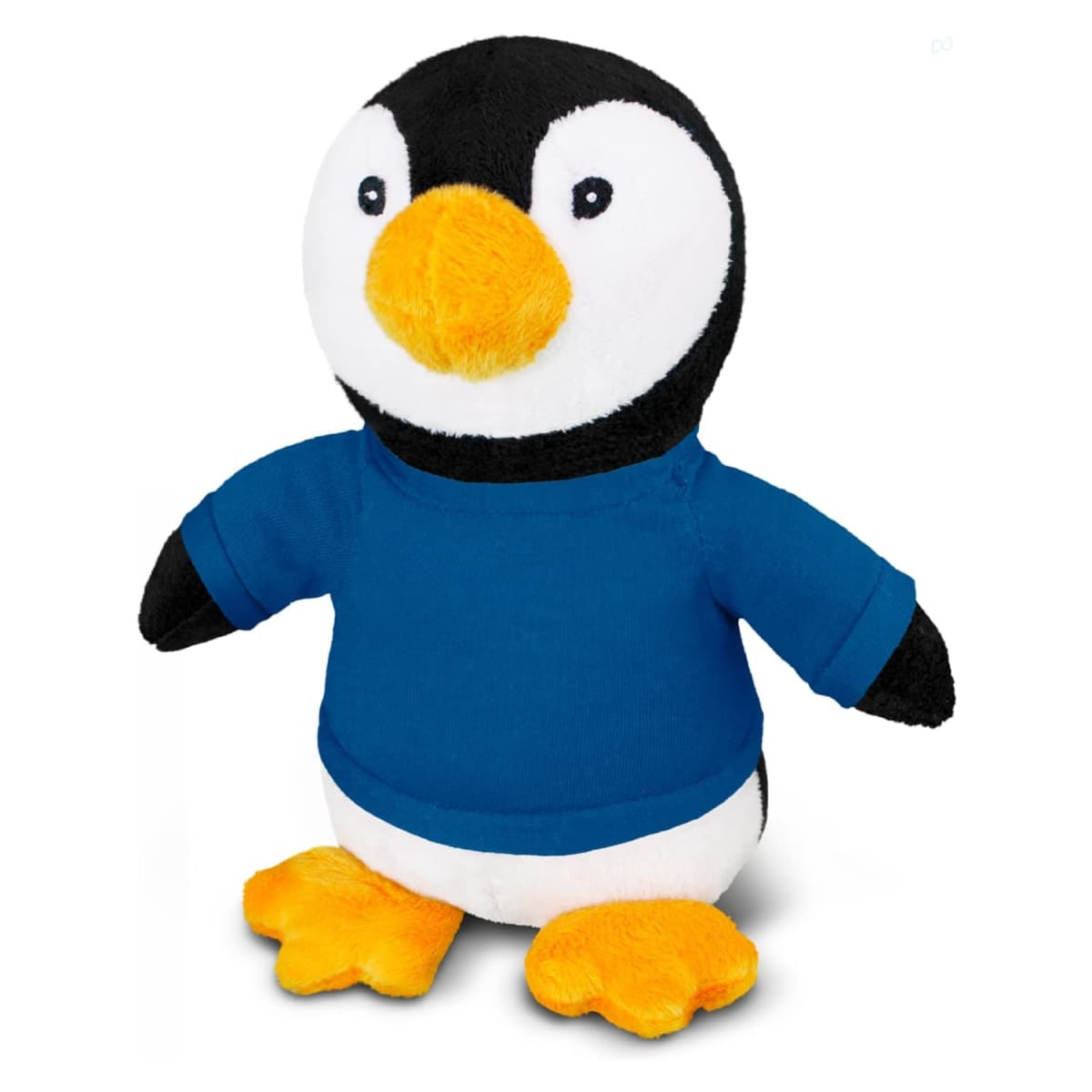 A penguin plush toy wearing a blue shirt, featuring a black and white body with orange feet and beak.