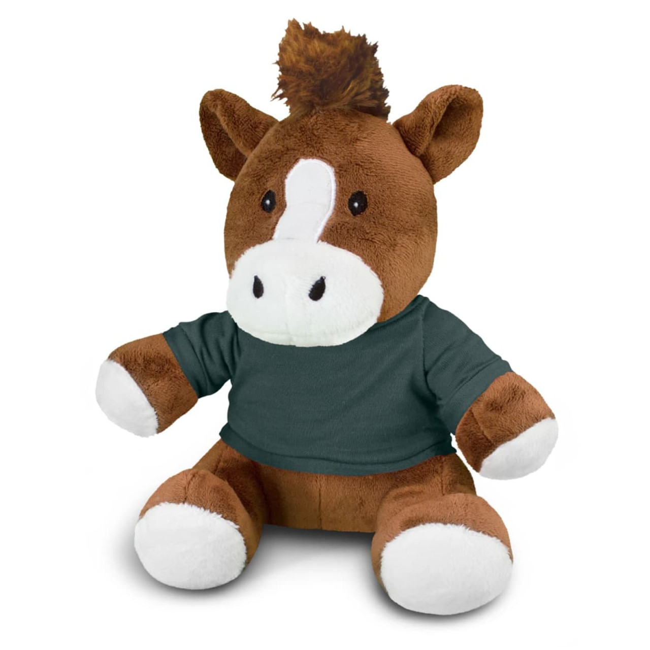 A brown horse plush toy with white accents, wearing a green shirt, sitting in a relaxed position. A brown horse plush toy with white accents, wearing a green shirt, sitting in a relaxed position.