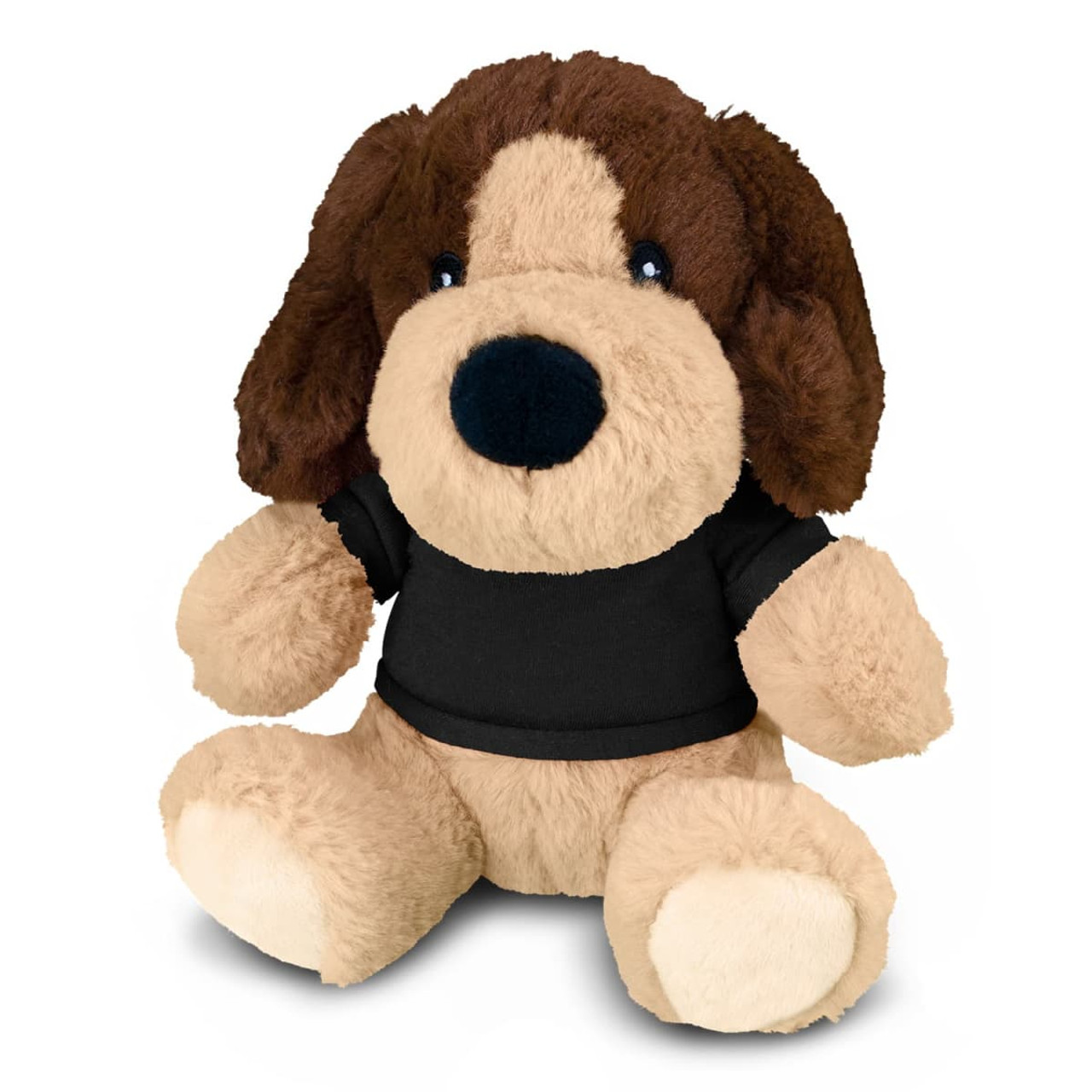 A fluffy brown and tan dog plush toy wearing a black shirt, featuring large eyes and a friendly expression.