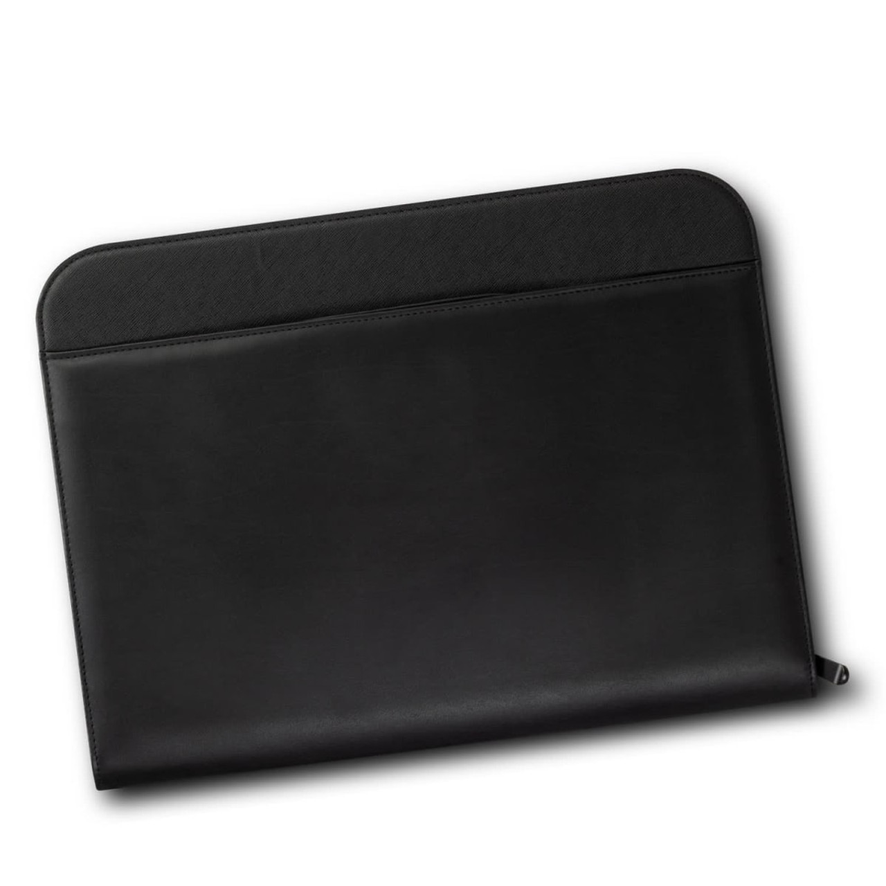 A black travel portfolio case featuring a smooth exterior and a sleek design. It includes a logo on the surface.