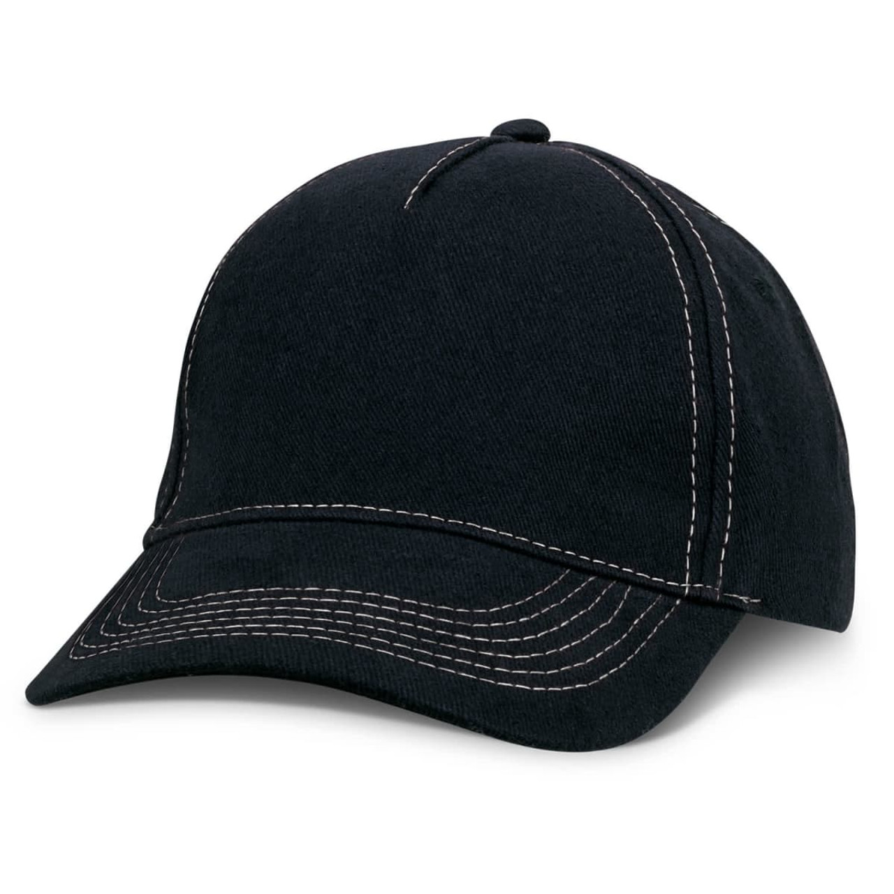 A black cap with white stitching and a curved visor, featuring a logo on the front. A black cap with white stitching and a curved visor, featuring a logo on the front.