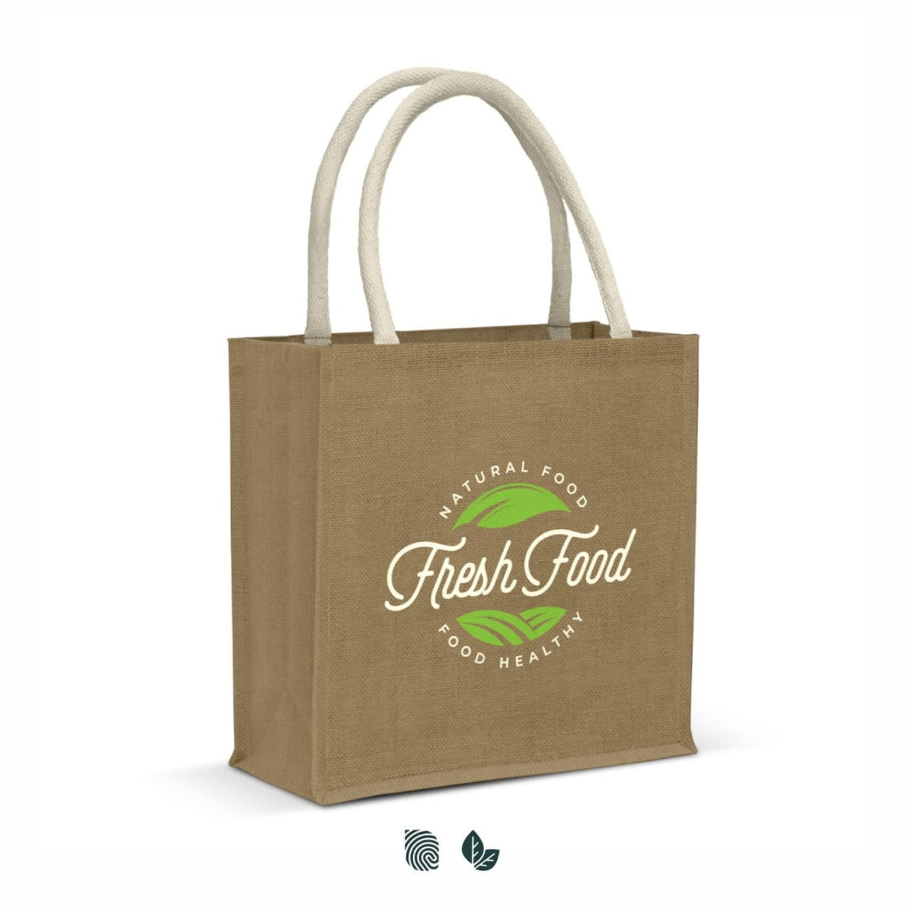 A jute tote bag in light brown with natural-looking handles, featuring a logo and green leaf elements.