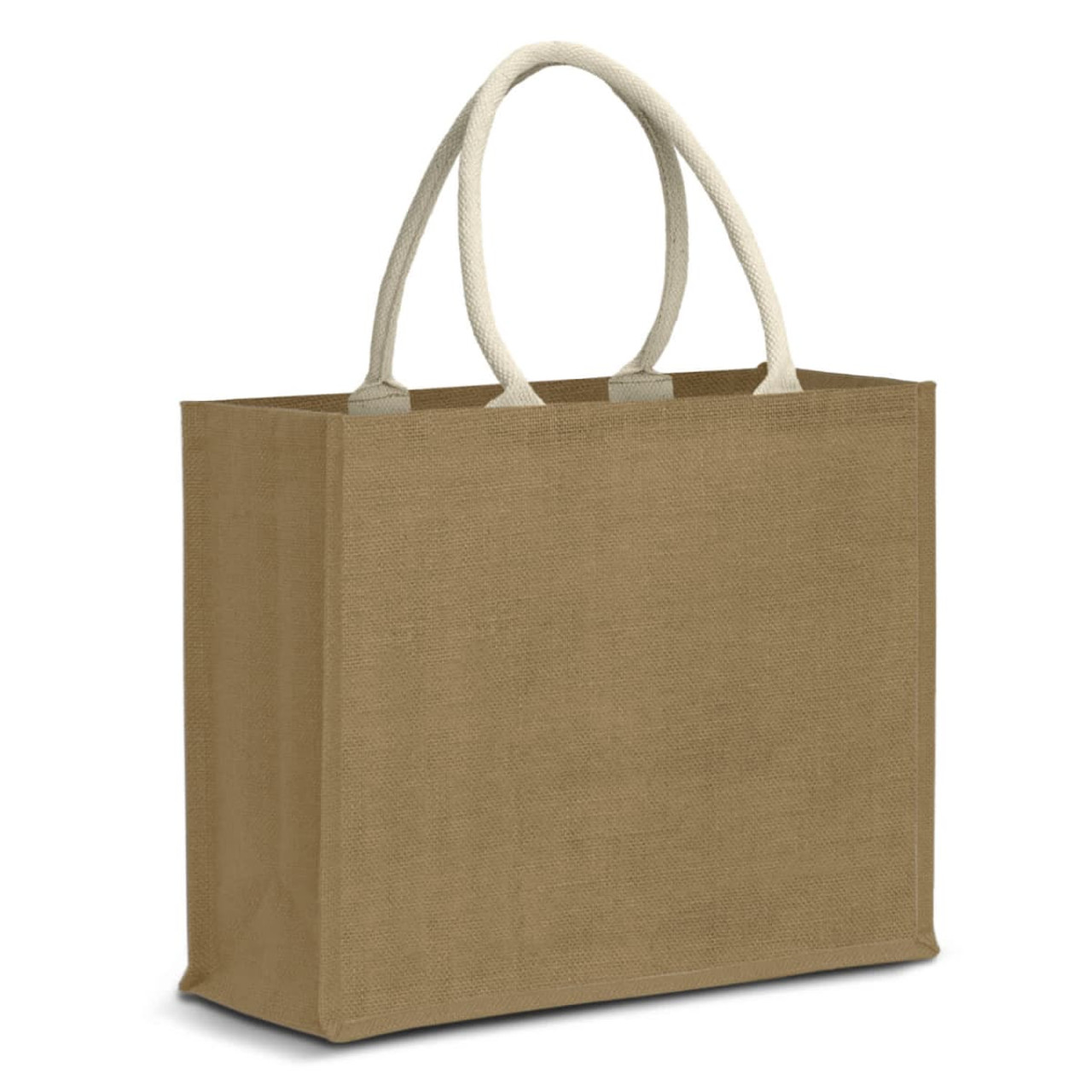 A jute tote bag in a natural brown colour with cream handles and an attached logo.
