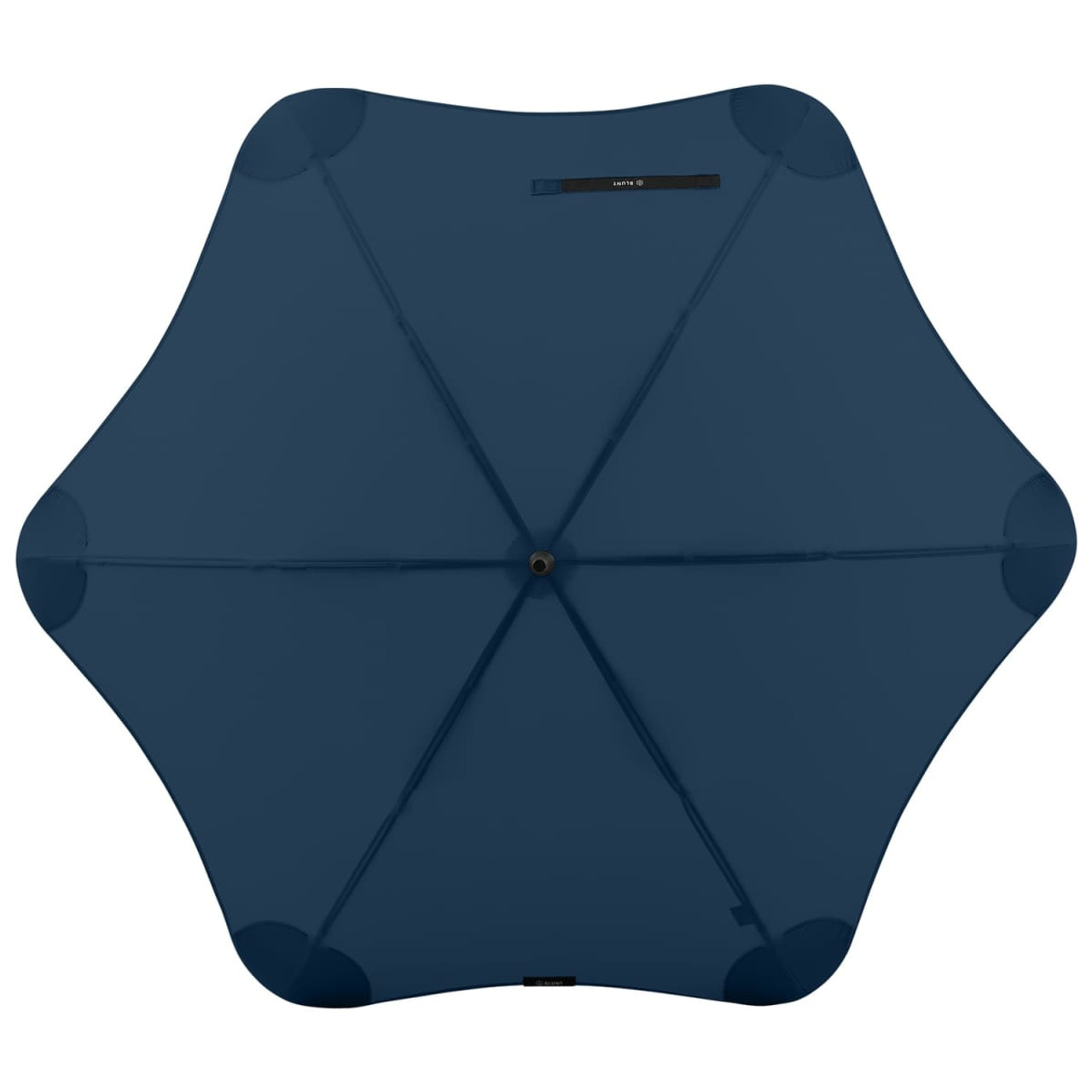 A navy blue BLUNT Coupe Umbrella with a unique star-shaped canopy design and a logo on the handle.