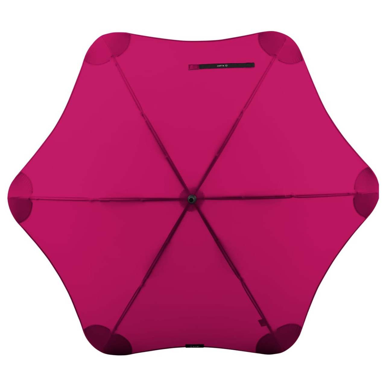 A pink BLUNT Classic Umbrella with a unique, eight-panel design and a central hub. It features a logo on the handle.